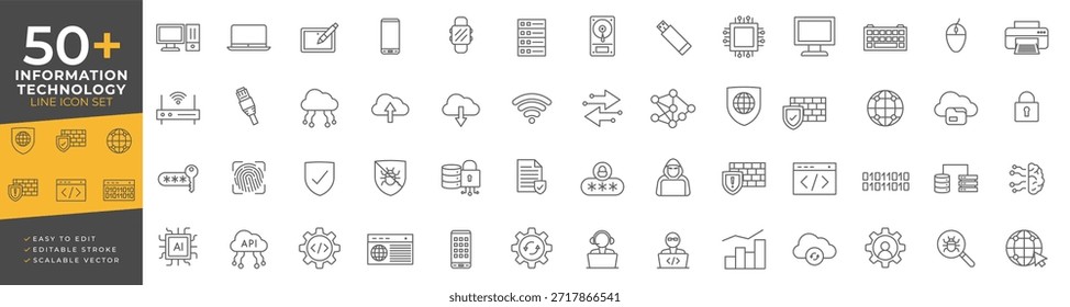 O conjunto de ícones da arte da linha da tecnologia da informação com símbolos vetoriais escaláveis que representam conceitos de rede, computação em nuvem, segurança de dados, programação e tecnologia para design profissional.
