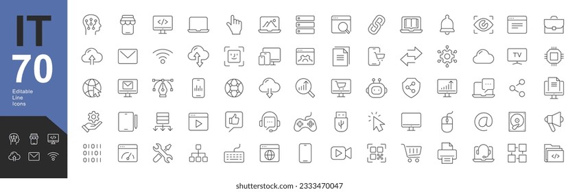 Information Technology Line Editable Icons set. Vector illustration in modern thin line style of Internet, Data processing, programming, web, technology, and multimedia icons. Isolated on white