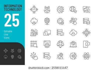   
Information Technology Line Editable Icons set. Vector illustration in modern thin line style of science related icons: internet, artificial intelligence, devices, and more. 