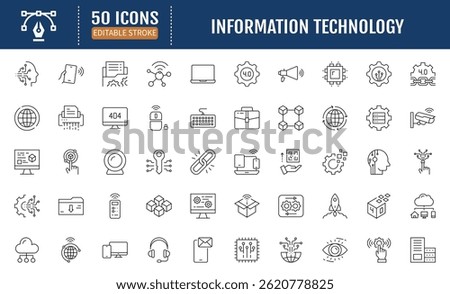 Information technology line editable stroke. Containing Programming, network, website, technology progress, internet, devices, server, data. Vector Illustration