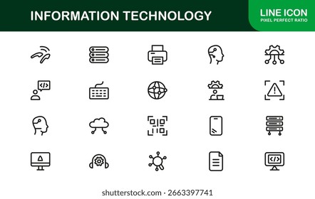 Information Technology Line Icon Collection - Símbolos vetoriais exclusivos e profissionais que ilustram sistemas de TI, dispositivos, dados e soluções digitais