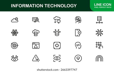 Informationstechnologie Line Icon Collection - Einzigartige und professionelle Vektorsymbole, die IT-Systeme, Geräte, Daten und digitale Lösungen veranschaulichen