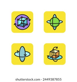 Information technology line icon set. 3D rotating arrows, virtual three-dimensional cube, globe. Geometry, networking concept. Can be used for topic like cyberspace, design thinking, digital industry