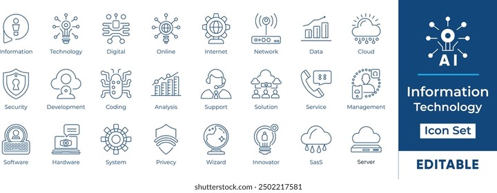 Information Technology line icon set featuring essential elements like cloud computing, data analysis, AI, security, development, and more. Perfect for web design, presentations, and mobile apps.