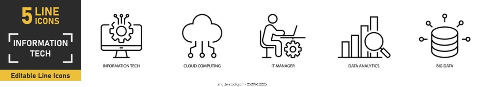 Conjunto de ícones da linha Tecnologia da Informação. Conjunto de 5 ícones de tópicos relacionados à tecnologia da informação, computação em nuvem, gerente de ti, análise de dados, big data e muito mais. Ilustração vetorial.