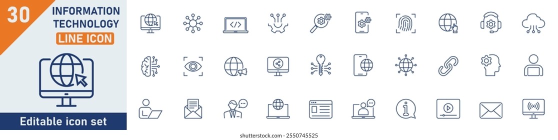 Conjunto de iconos de línea de Tecnología de información. Conjunto de 30 iconos de esquema relacionados con la red de TI, Internet, Sitio web, software, programación, comunicación y otros. Trazo editable. Ilustración vectorial.