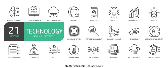 Information Technology Line Icon Set. Contains icons as Operating System, Data Analyzing, Big Data, Cloud Computing, Network Server, Artificial Intelligence, Machine Learning, Cyber Security.