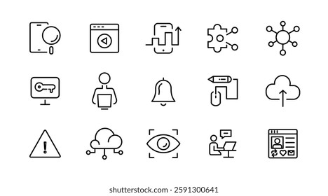 Information technology line icon set. Cloud computing, big data, data analytics, IT network, internet, website, data, software, cloud, server icon collection. UI thin outline icon pack
