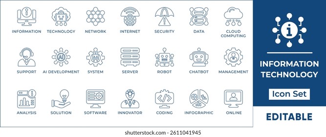 Information Technology line icon set featuring essential elements like cloud computing, data analysis, AI, security, development, and more. Perfect for web design, presentations, and mobile apps.