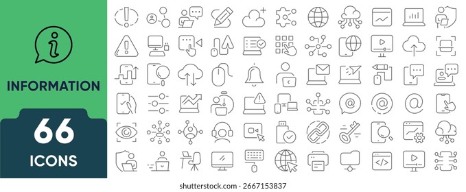 Conjunto de iconos de línea de Tecnología de información. Conjunto de 66 iconos de esquema que incluyen servidores, nube, redes, almacenamiento de datos, seguridad, software y hardware. Trazo editable. Ilustración vectorial lineal.