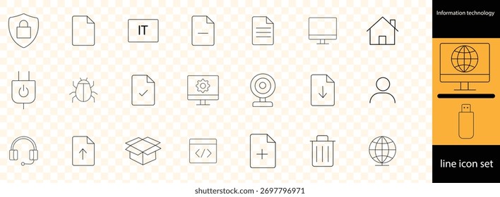 Ikonensatz der Informationstechnologie-Linie. IT-Symbole für Web- und mobile Apps. Programmierung, Netzwerk, Website, Technologiefortschritt, Internet, Geräte, Server, Daten. Vektorgrafik