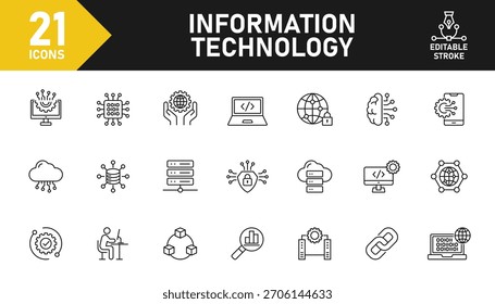 Information technology line icon set. Set of 21 outline icons related to IT, programming, network, information technology, internet, IT manager and others. Editable stroke. Vector illustration.