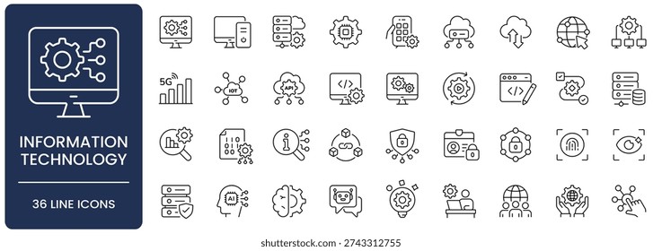 Information Technology Line Icon Set. Collection of network, system, computer, internet, server, database, software, hardware, infrastructure, digital, Outline, Editable Stroke, Vector illustration.