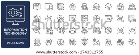 Information Technology Line Icon Set. Collection of network, system, computer, internet, server, database, software, hardware, infrastructure, digital, Outline, Editable Stroke, Vector illustration.