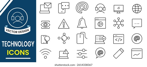 Information technology line icon, vector signs for web, logo and mobile app. Technology icon set design. Communication, web design, computer, chip, software, data center, device. Vector illustration.