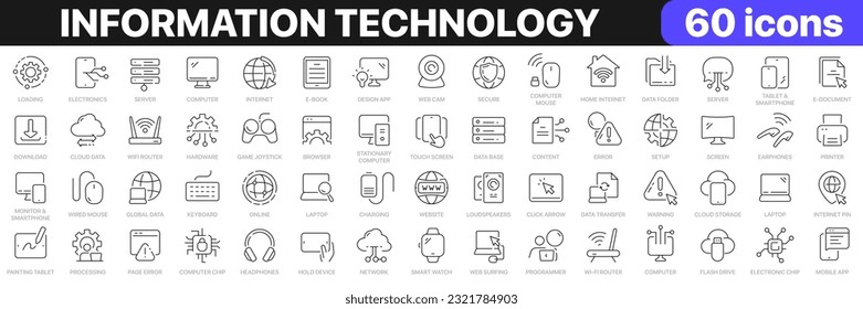 Colección de iconos de línea de tecnología de la información. Dispositivos, Internet, servidor, datos, iconos de red. conjunto de iconos de la interfaz de usuario. Paquete de iconos de contorno delgado. Ilustración del vector EPS10