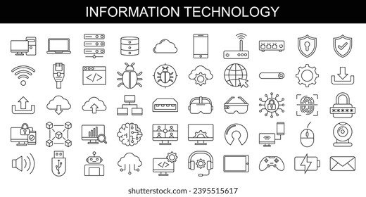 Colección de iconos de línea de tecnología de la información. Un gran icono de interfaz de usuario en un diseño plano. Paquete de iconos de contorno delgado. Ilustración del vector