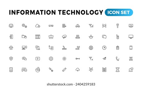 Colección de iconos de línea de tecnología de la información. Un gran icono de interfaz de usuario en un diseño plano. Paquete de iconos de contorno delgado