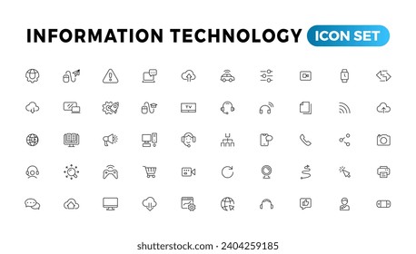 Colección de iconos de línea de tecnología de la información. Un gran icono de interfaz de usuario en un diseño plano. Paquete de iconos de contorno delgado