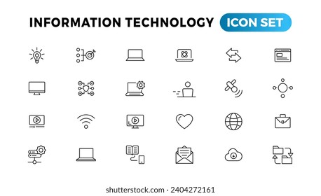 Colección de iconos de línea de tecnología de la información. Un gran icono de interfaz de usuario en un diseño plano. Paquete de iconos de contorno delgado