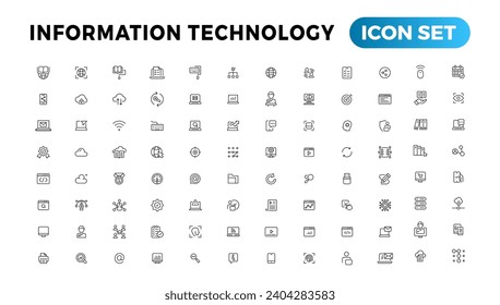 Colección de iconos de línea de tecnología de la información. Un gran icono de interfaz de usuario en un diseño plano. Paquete de iconos de contorno delgado