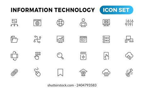 Sammlung von Symbolen für die Linie Informationstechnologie. Das große UI-Icon wird in einem flachen Design gesetzt. Paket mit Symbolen für dünne Umrisse