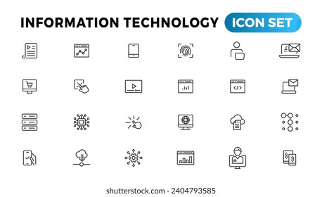 Colección de iconos de línea de tecnología de la información. Un gran icono de interfaz de usuario en un diseño plano. Paquete de iconos de contorno delgado