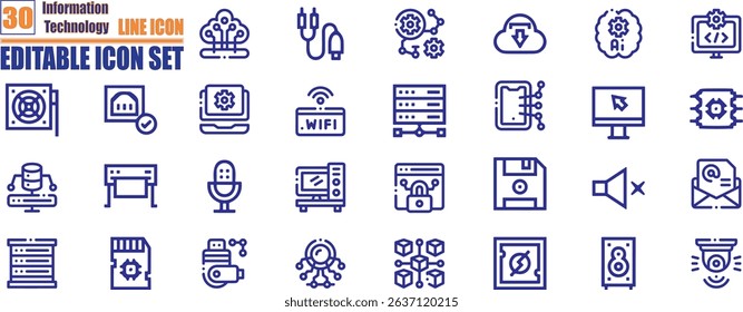 Information technology line icons collection. IT network, data, internet, website. Vector Illustration, editable stroke