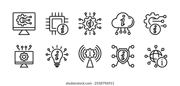 Information technology line icons set. Containing computer network, website, software, hardware, internet, programming, digital connection, cyberspace, cyber security, cloud datum. Vector illustration