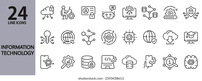 Information Technology line icons set with IT, Cybersecurity, Artificial Intelligence, Computing, Big Data, Cloud, Analytics and more. Editable Stroke