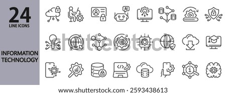 Information Technology line icons set with IT, Cybersecurity, Artificial Intelligence, Computing, Big Data, Cloud, Analytics and more. Editable Stroke