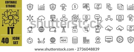 Information Technology Line Icons Set for Digital and IT Solutions – Computer, Cloud Storage, Server, Coding, Network, Cyber Security and Software Development Editable Stroke Outline Vector Symbols for Business, Technology, Infographics and Web UI Design
