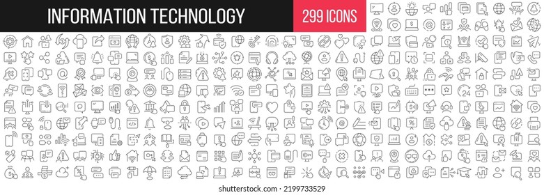 Information technology linear icons collection. Big set of 299 thin line icons in black. Vector illustration