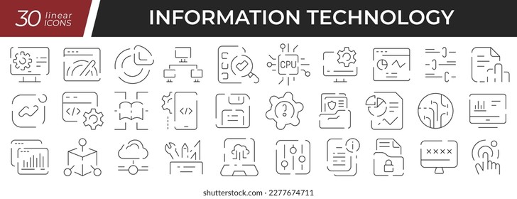 Information technology linear icons set. Collection of 30 icons in black