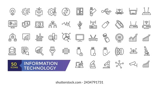 Tecnología de la información Aprendizaje automático, análisis de datos, iconos de línea delgada conjunto ilustración vectorial. Algoritmos de esquema y recopilación automática de iconos de procesos inteligentes.