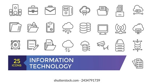 Information technology Machine learning, data analysis thin line icons set vector illustration. Outline algorithms and automatic smart processes icon collection.