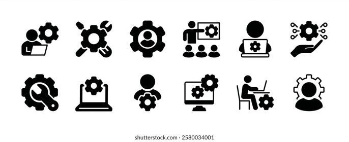 Information technology manager icon vector set. Containing specialist, expert, professional, service, technician, work, engineer, workshop, installer, employee, project