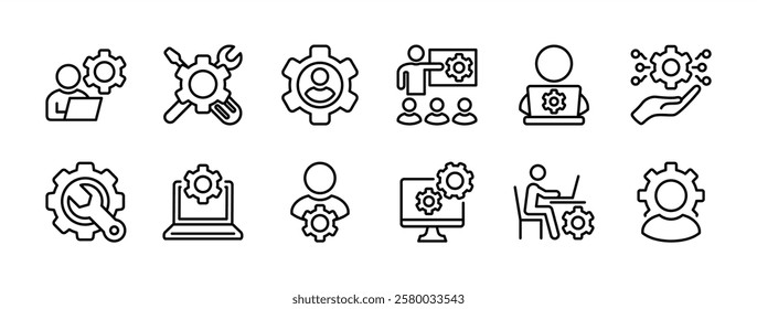 Information technology manager thin line icon set. Containing specialist, expert, professional, service, technician, work, engineer, workshop, installer, employee, project. Vector illustration