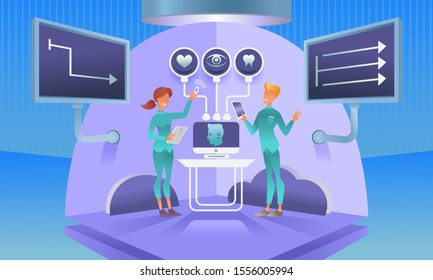 Information technology medicine, physician at work, female and male character medic . High technology doctor. Tablets and computers, manage medical databases. Vector cartoon color flat illustration.