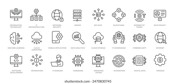 Tecnología de la información iconos de línea delgada mínima. Tecnología relacionada, inteligencia artificial, red, digital, datos. Ilustración vectorial.	
