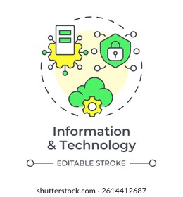 Information and technology multi color concept icon. Cloud infrastructure. Dataservers, database. Cyber security. Round shape line illustration. Abstract idea. Graphic design. Easy to use