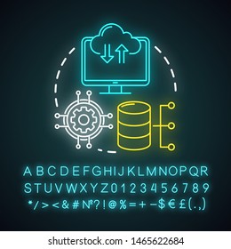 Information technology neon light concept icon. Computer science. Structuring, storing, sending information idea. Glowing sign with alphabet, numbers and symbols. Vector isolated illustration