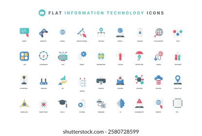 Information technology, network cybersecurity and tech support with AI, hardware color icon set. Server hosting, software code and game development, data exchange flat elements vector illustration