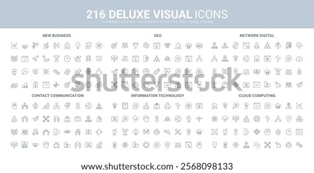 Information technology, new business startup development and SEO ideas, cloud computing line icon set. Digital network protection and activation settings thin black outline symbols vector illustration