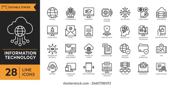 Informationstechnologie-Gliederungssymbolsatz. Enthalten Netzwerk, Web-Design, Website, Computer, Software, Fortschritt, Programmierung, Daten, Internet und mehr. Bearbeitbarer Strich. Vektorgrafik