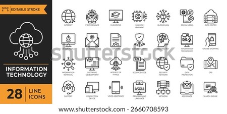 Information technology outline icon set. Containing Network, web design, website, computer, software, progress,programming, data, internet, and more. Editable stroke. Vector illustration