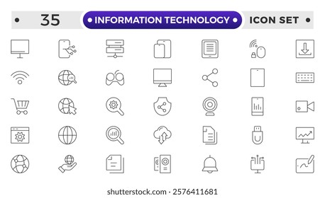 Information technology outline icons set. Set of technology icons. Industry concept factory of the future. Network, web design, website, computer, software, progress, programming, data, internet 
