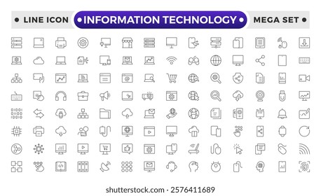 Information technology outline icons set. Set of technology icons. Industry concept factory of the future. Network, web design, website, computer, software, progress, programming, data, internet 

