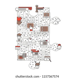 Information technology poster banner template in the shape of puzzle. Vector thin line art flat style programming design elements, icons for website banners and printed materials.