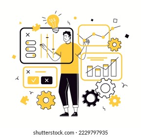 Information technology professions. Work on computer. Design and Software Development. Big Data Architect. Vector characters flat cartoon illustration.